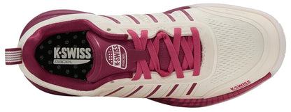 Top view of the K-Swiss Ultra Court Women's Padel Shoes in Jet Stream, Beaujois, and Jazzy—featuring vibrant laces, a striped side detail, and bold K-Swiss logos for high-performance play on any padel court.