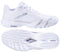 The Babolat Premura 3 Womens Padel Shoes in White/Silver are displayed from the side and sole, showcasing their textured grip pattern and the Babolat logo.