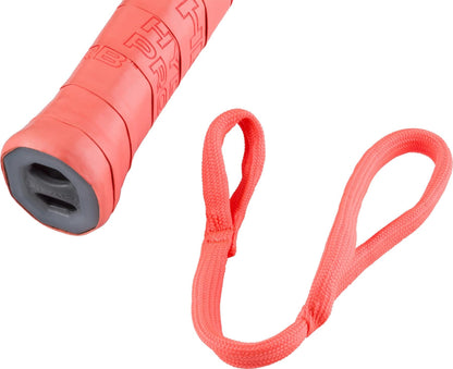A close-up of a tennis racket handle wrapped in pink grip tape beside a pink wrist strap, both isolated on white—ideal accessories to complement your HEAD Radical Pro 2026 Padel Racket in orange and green.