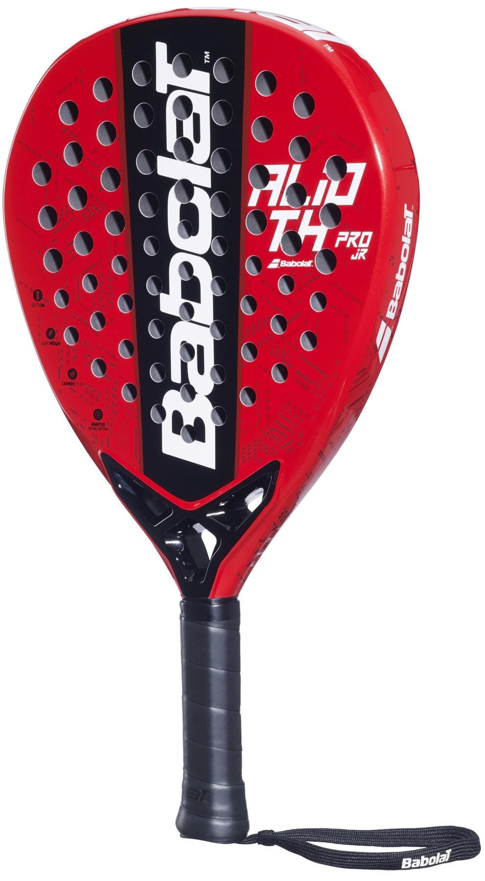 The Babolat Alioth Pro Junior Padel Racket in red and black features a perforated face, black grip, and wrist strap—ideal for young players seeking a quality kids padel racket by Babolat.