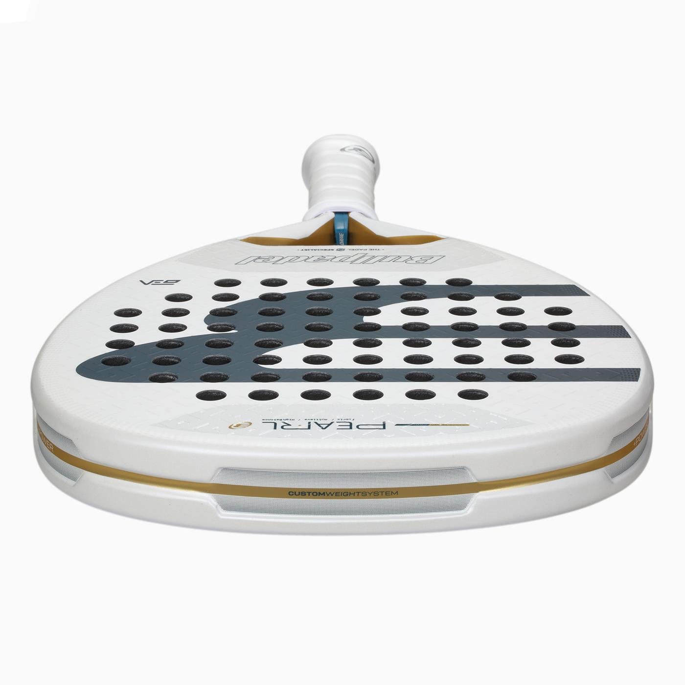 The Bullpadel Pearl 2026 Padel Racket - White is a lightweight racket by Bullpadel, shown from the bottom edge with the handle at the top, featuring a white surface with grey and black accents and a grid of round holes against a white background.