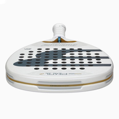 The Bullpadel Pearl 2026 Padel Racket - White is a lightweight racket by Bullpadel, shown from the bottom edge with the handle at the top, featuring a white surface with grey and black accents and a grid of round holes against a white background.