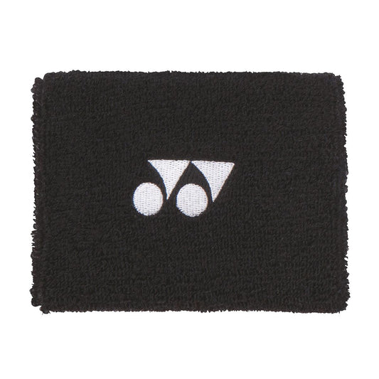 The Yonex AC492 Padel Wristband in black is ideal for on-court action, showcasing the iconic white Yonex logo with two circles and a triangular shape centered on the band.