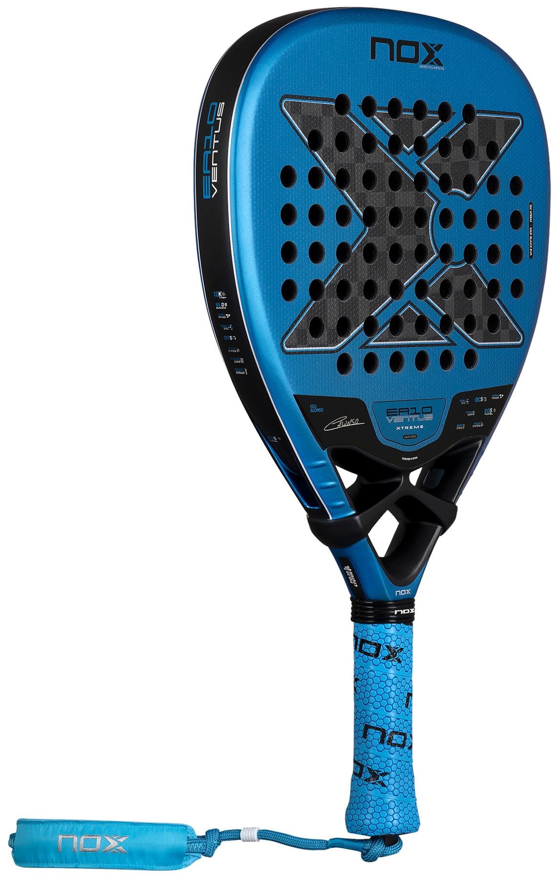 The NOX Luxury EA10 Ventus Attack 12K XTREM By Edu Alonso 2026 padel racket features a blue and black bold “X” design, 12K XTREM carbon, textured grip, wrist strap, and detailed NOX branding on the surface and handle.