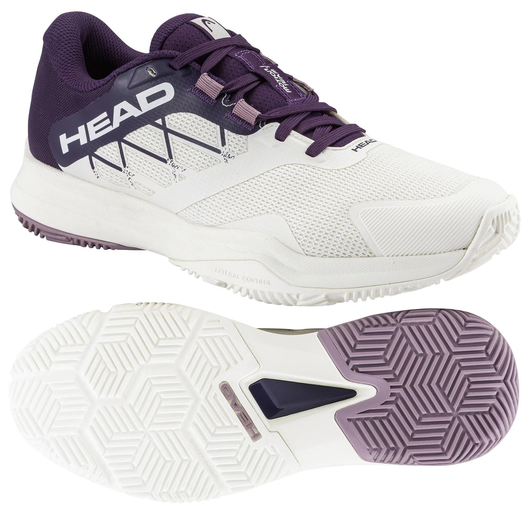 The HEAD Motion Team 1.5 Womens Padel Shoes by HEAD feature a white mesh base, purple heel and tongue, black side details, white laces, and a textured sole with hexagonal patterns and purple accents.