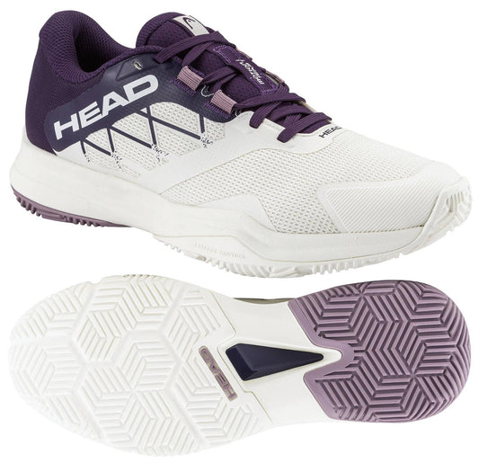 The HEAD Motion Team 1.5 Womens Padel Shoes by HEAD feature a white mesh base, purple heel and tongue, black side details, white laces, and a textured sole with hexagonal patterns and purple accents.