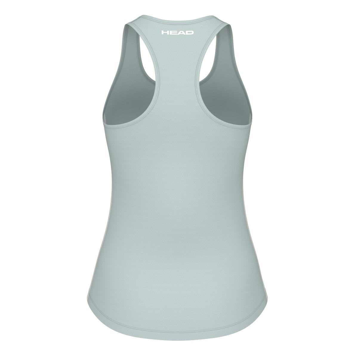 A sleeveless tank top in a light green shade with a racerback design, featuring "HEAD" printed in white on the upper back. The Women's Padel Tank is crafted from Moisture Transfer Microfibre for breathable comfort during athletic activities, making it an ideal choice for fans of HEAD Sportswear.