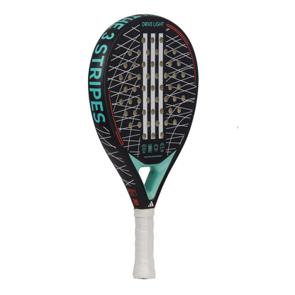 The adidas ADIDAS Drive Light 3.3 Padel Racket in Black and Blue is perfect for beginners, featuring a stylish design with red accents and "THE 3 STRIPES" along the side. It delivers outstanding control and power thanks to its lightweight construction, while the handle is wrapped in white tape for added comfort.