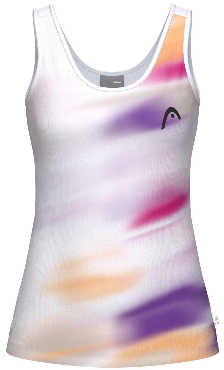 The HEAD Blur Womens Padel Tank Top - PUXU is a sleeveless, scoop-neck white tank with soft streaks of purple, pink, and orange, moisture-wicking technology, and a small black HEAD logo on the chest.