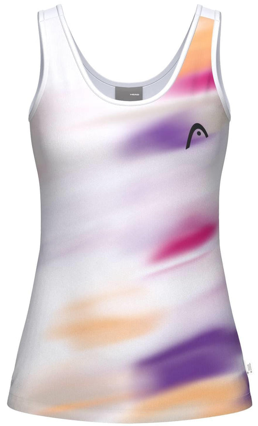 The HEAD Blur Womens Padel Tank Top - PUXU is a sleeveless, scoop-neck white tank with soft streaks of purple, pink, and orange, moisture-wicking technology, and a small black HEAD logo on the chest.