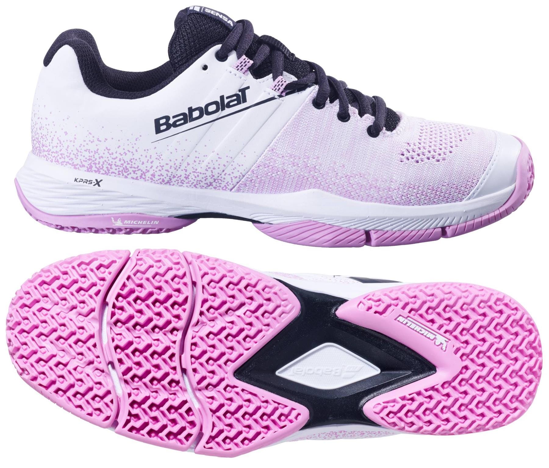 The Babolat Sensa Womens Padel Shoes in white and lilac feature black laces, a pink and white Michelin rubber grip sole, light pink accents, and the Babolat logo on the upper.