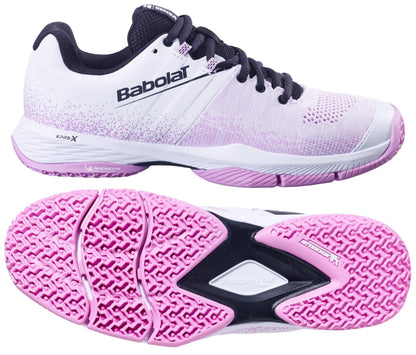 The Babolat Sensa Womens Padel Shoes in white and lilac feature black laces, a pink and white Michelin rubber grip sole, light pink accents, and the Babolat logo on the upper.