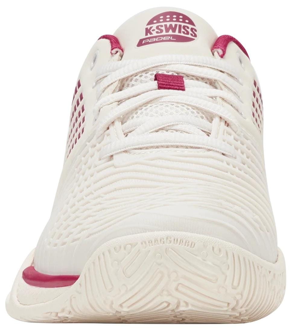A front view of the K-Swiss Express Light 3 Women’s Padel Shoes in Jet Stream/Beaujois/Jazzy, showcasing the lightweight white upper with maroon accents, textured detailing, K-Swiss logo on the tongue, and "DRAGGUARD" on the outsole.