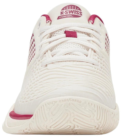 A front view of the K-Swiss Express Light 3 Women’s Padel Shoes in Jet Stream/Beaujois/Jazzy, showcasing the lightweight white upper with maroon accents, textured detailing, K-Swiss logo on the tongue, and "DRAGGUARD" on the outsole.