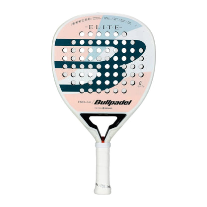 Presenting the Bullpadel Elite W 2025 Padel Racket from the renowned brand Bullpadel, featuring a stylish white handle and a round head adorned with an eye-catching black, teal, and pink design. Channel the essence of Gemma Triay as you take to the court with "Bullpadel" proudly displayed on its face.