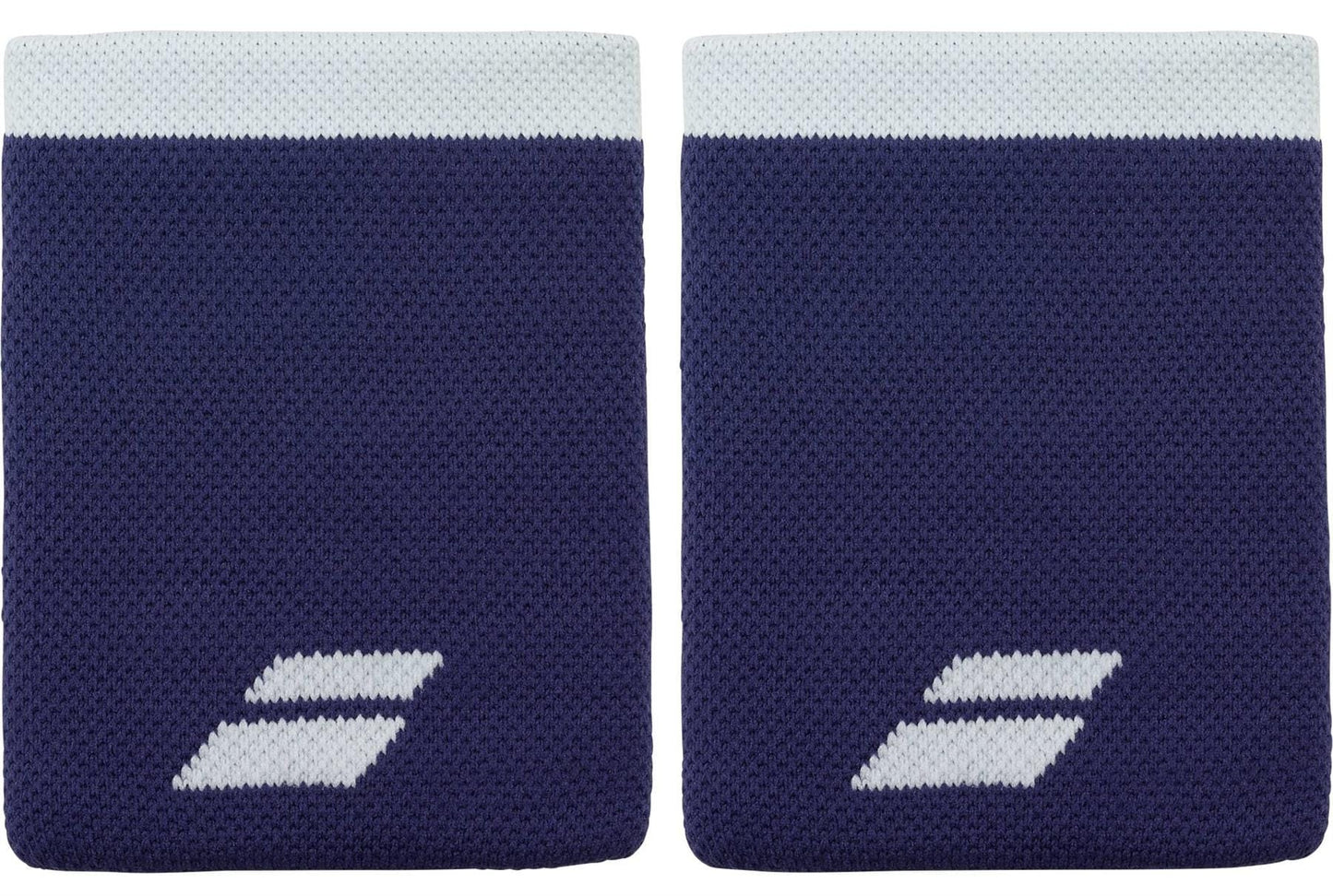 The Babolat Logo Jumbo Wristband in Illusion Blue features a white stripe and geometric logo, offering excellent sweat absorption—ideal for tennis.
