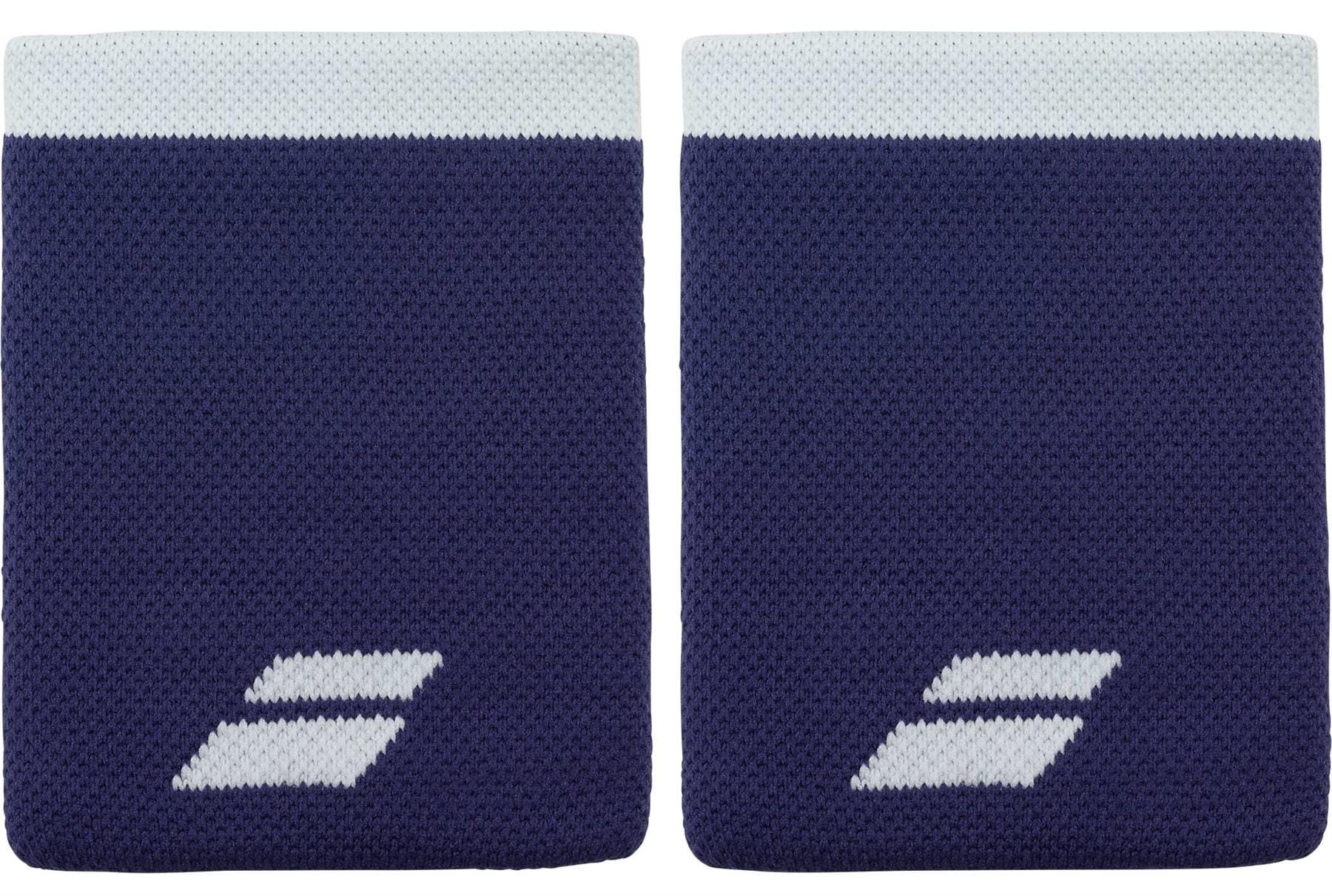The Babolat Logo Jumbo Wristband in Illusion Blue features a white stripe and geometric logo, offering excellent sweat absorption—ideal for tennis.