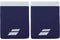 The Babolat Logo Jumbo Wristband in Illusion Blue features a white stripe and geometric logo, offering excellent sweat absorption—ideal for tennis.