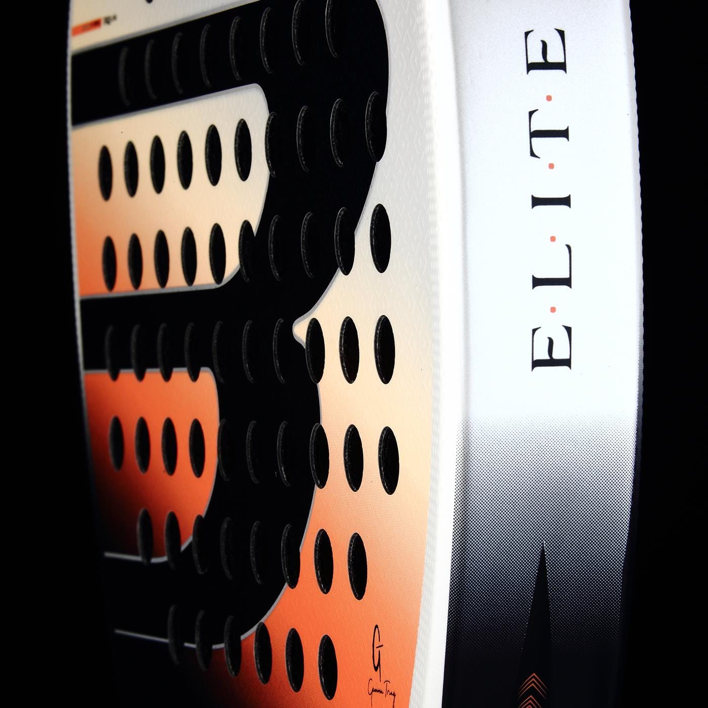 Close-up of the Bullpadel Elite W 2026 Padel Racket by Bullpadel, featuring a lightweight black and white design, circular holes, “ELITE” on the edge, a large black letter on the surface, and subtle patterns for top-level performance.