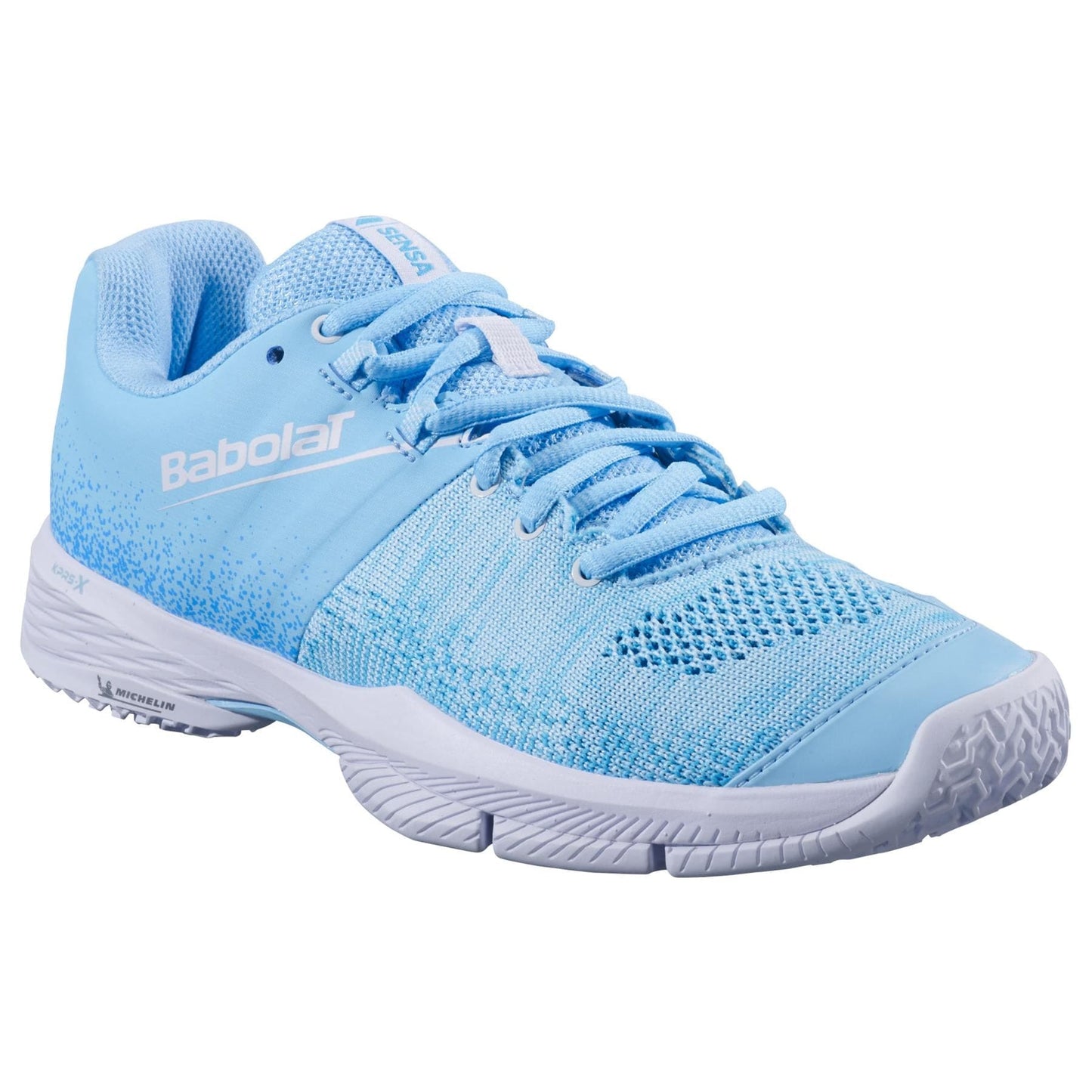 The Babolat Sensa Women’s Padel Shoes in Sky Blue/Tigerlily feature mesh panels for breathability, Power Straps for stability, a Michelin rubber sole, and light blue laces—ideal for sports activities.