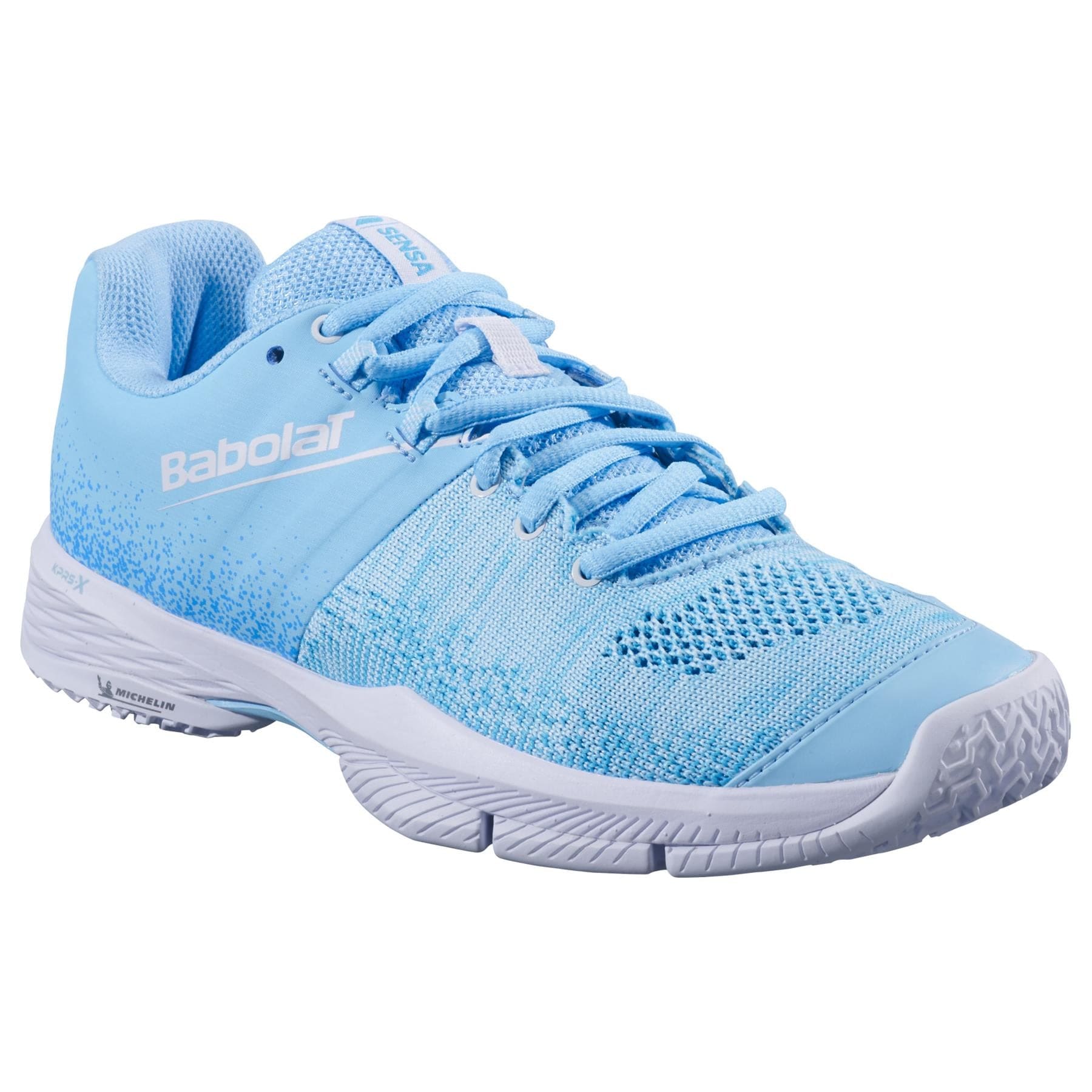 The Babolat Sensa Women’s Padel Shoes in Sky Blue/Tigerlily feature mesh panels for breathability, Power Straps for stability, a Michelin rubber sole, and light blue laces—ideal for sports activities.