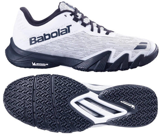 Babolat Jet Viva Men's Padel Shoes in white/black are ideal for intermediate players. The upper displays the Babolat logo, and the durable sole has a unique tread pattern with the Michelin logo for excellent grip on court surfaces.