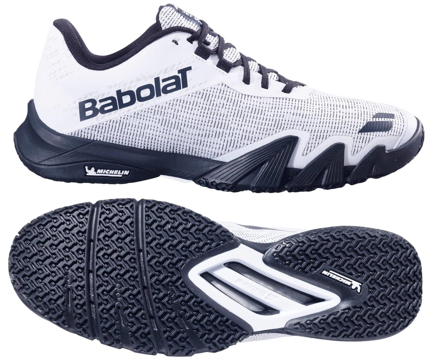 Babolat Jet Viva Men's Padel Shoes in white/black are ideal for intermediate players. The upper displays the Babolat logo, and the durable sole has a unique tread pattern with the Michelin logo for excellent grip on court surfaces.