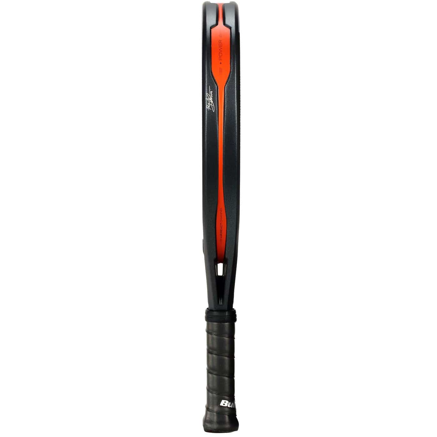 A vertically displayed Bullpadel HACK 04 Comfort 2026 Padel Racket in grey, highlighting its thin, aerodynamic black and orange frame and black grip—reflecting the sleek design and dynamic power of Bullpadel.