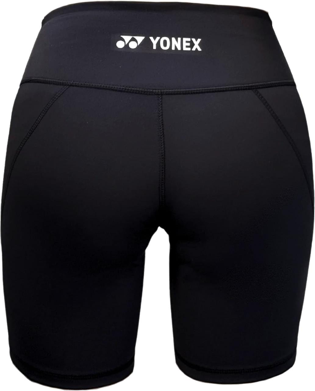 Back view of Yonex YTS2024 Womens Core Padel Shorts in black, featuring logo and brand at the waistband, fitted design, visible seams, and moisture-wicking fabric—ideal Yonex padel shorts for women.