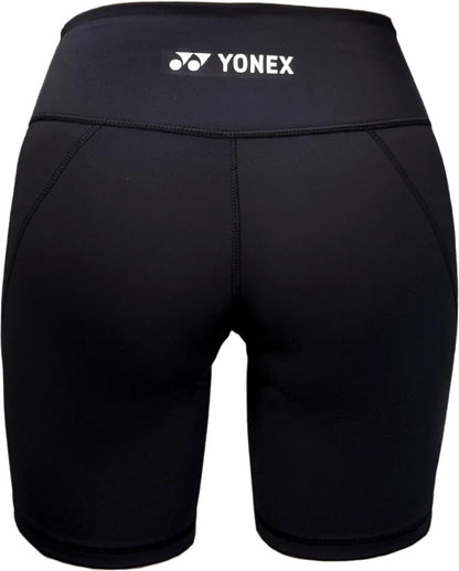 Back view of Yonex YTS2024 Womens Core Padel Shorts in black, featuring logo and brand at the waistband, fitted design, visible seams, and moisture-wicking fabric—ideal Yonex padel shorts for women.