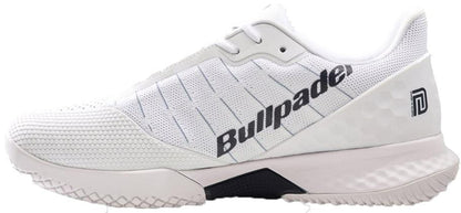 The Bullpadel X-Plo Vibram 26V Men's Padel Shoes in white feature mesh and textured details, bold black "Bullpadel" on the side, a heel logo, low profile, and a patterned Vibram outsole for advanced players seeking superior grip.