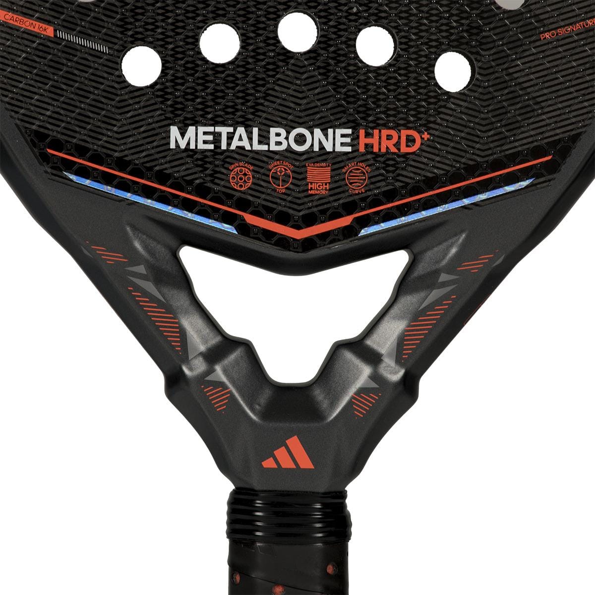 Close-up of the lower part of the adidas Metalbone HRD+ by Ale Galán 2026 padel racket in black/red, showing the adidas logo, product name, and various technical icons and details.