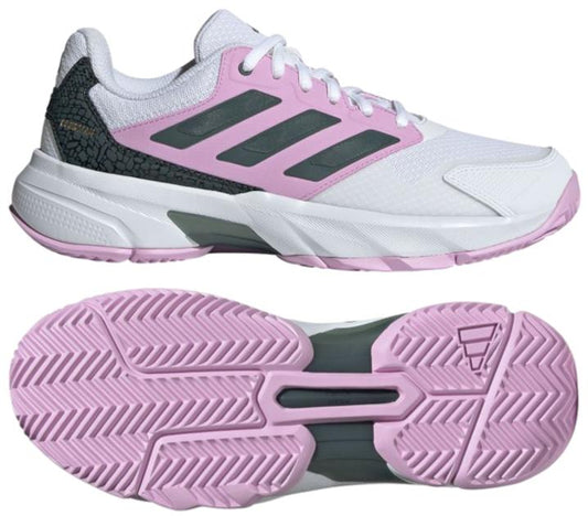 A pair of athletic sneakers, the ADIDAS CourtJam Control 3 Women's All Court Shoes, showcases a color palette of Bronze Strata, Legend Ink, and Bliss Lilac. These shoes feature recycled materials with a textured pattern on the sides. The intricate sole design emphasizes pink and gray treads to ensure optimal grip.