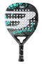 The Bullpadel Ionic Light 2024 padel racket in grey features a sleek design with teal and white abstract patterns. Utilizing MULTIEVA technology, its carbon fiber surface is strategically perforated for enhanced gameplay. The branded face displays the Bullpadel logo alongside signature-like markings, while the wrapped handle presents a cleanly branded finish.