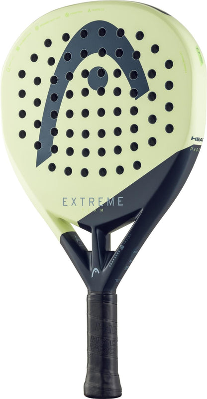 The HEAD Extreme Team 2025 Padel Racket in green, designed for advanced players, features a round shape, power foam core, circular perforations, and a black grip handle.