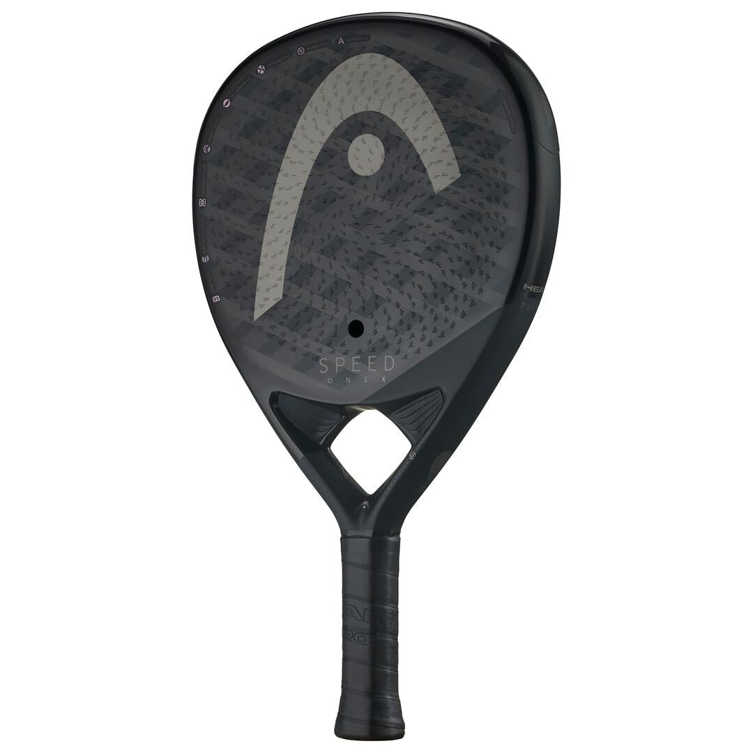 The HEAD Speed One X 2025 Padel Racket - Black includes Extreme Spin technology, a textured surface, and a neck cut-out. The face has a geometric pattern with "SPEED," and the handle is wrapped in black grip tape for superior control.