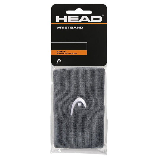 The HEAD 5" Padel Wristband - Anthracite Grey is a top-tier sports accessory featuring sleek gray fabric with a white logo. It prominently emphasizes "Sweat Absorption" and showcases the iconic "HEAD" brand name at the top, making it perfect for enhancing your game.