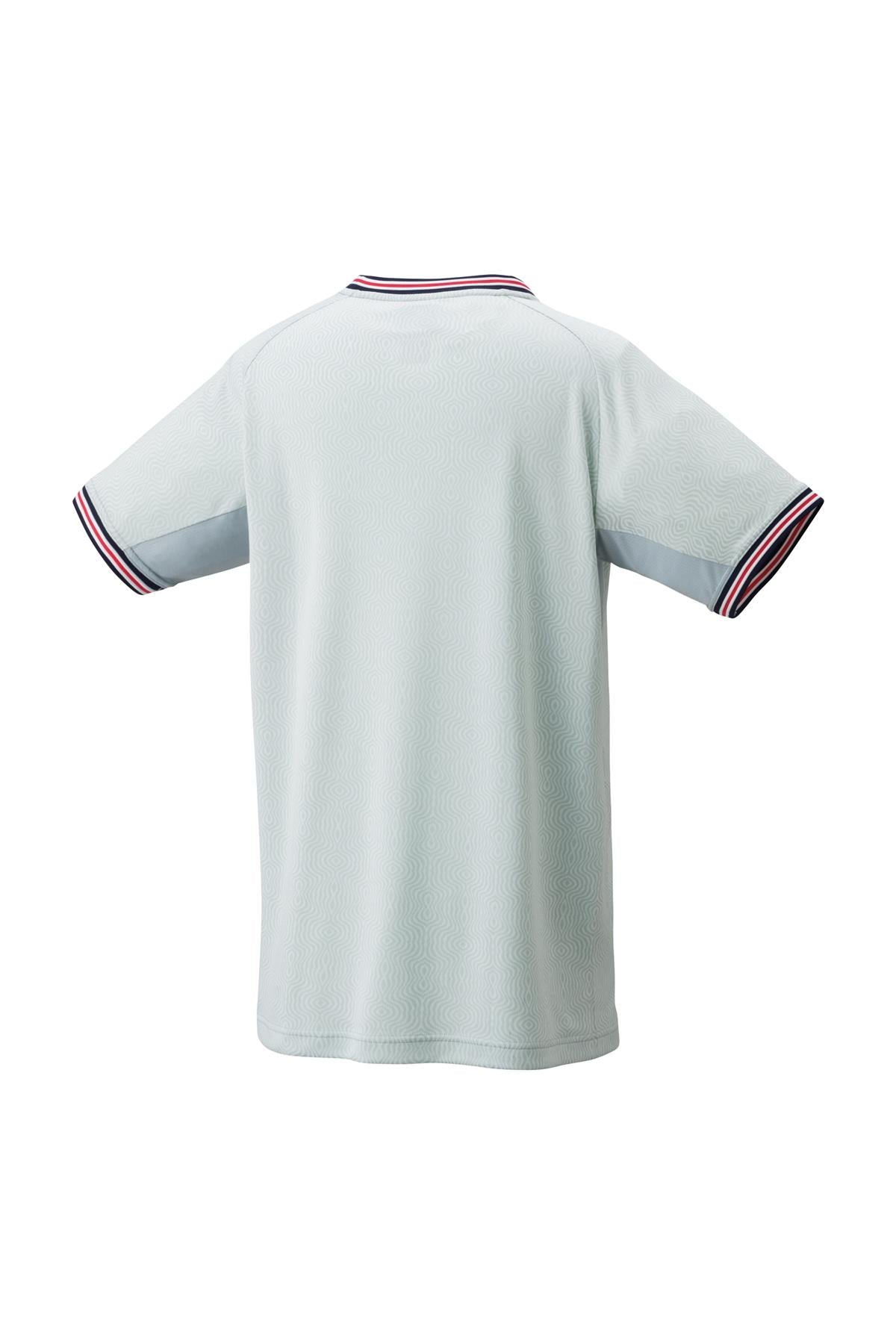 Back view of a Yonex 10578 Crew Neck Men's Padel T-Shirt in crystal blue, featuring VeryCool technology. The short-sleeved shirt with a crew neck has red, white, and black stripes on the cuffs and collar. It boasts a textured pattern and relaxed fit for comfort.