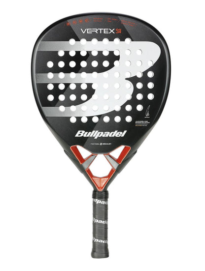 Introducing the Bullpadel Vertex Junior 25 Padel Racket in black, a stylish racket for junior players featuring a perforated face with a bold "B" design and wrapped in black grip tape, blending style and performance for young athletes.