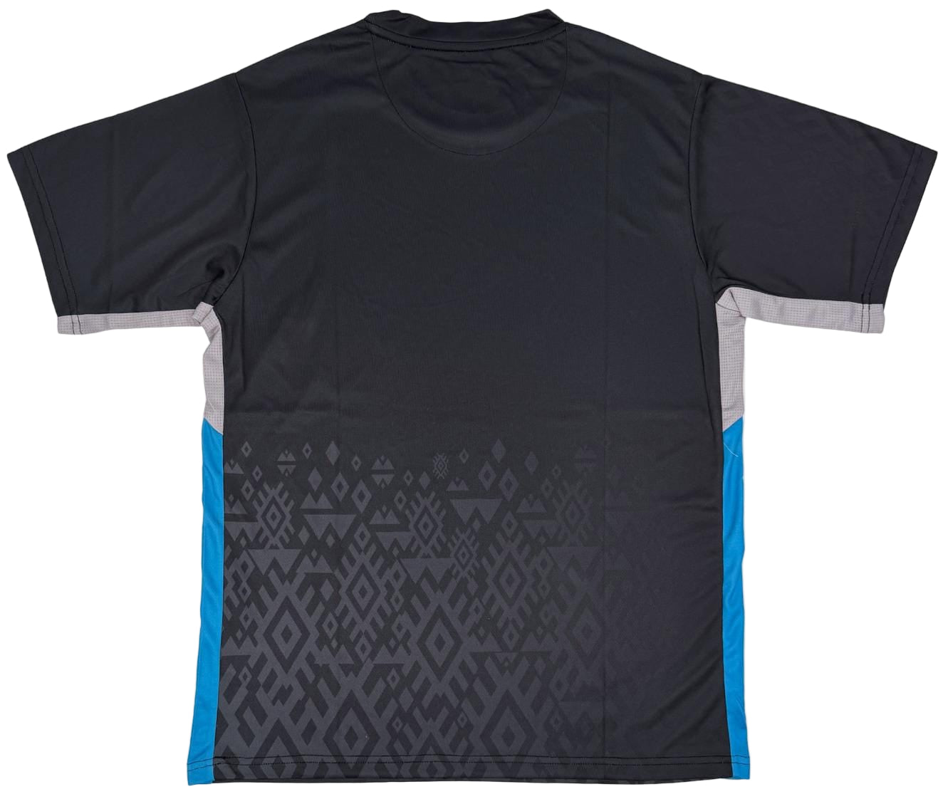 The Yonex YTM11 Mens Padel T-Shirt in black features short sleeves, gray accents, blue side panels, and a subtle geometric pattern on the lower back. Made with Air-Release fabric for quick drying. Shown laid flat to highlight the back view.