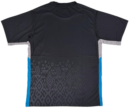 The Yonex YTM11 Mens Padel T-Shirt in black features short sleeves, gray accents, blue side panels, and a subtle geometric pattern on the lower back. Made with Air-Release fabric for quick drying. Shown laid flat to highlight the back view.