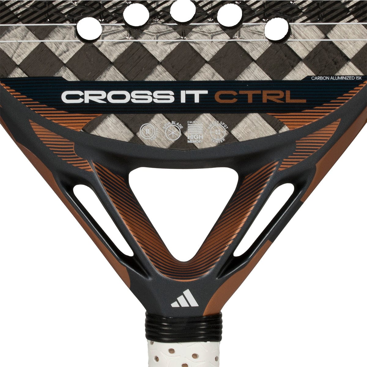 Close-up of the adidas Cross It Ctrl 2026 Padel Racket - Black, with "CROSS IT CTRL" on the face, a Spin Blade Mould textured carbon fibre surface, and a white handle accented by black dots.