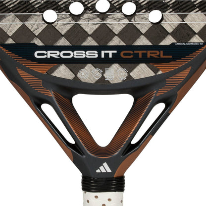 Close-up of the adidas Cross It Ctrl 2026 Padel Racket - Black, with "CROSS IT CTRL" on the face, a Spin Blade Mould textured carbon fibre surface, and a white handle accented by black dots.