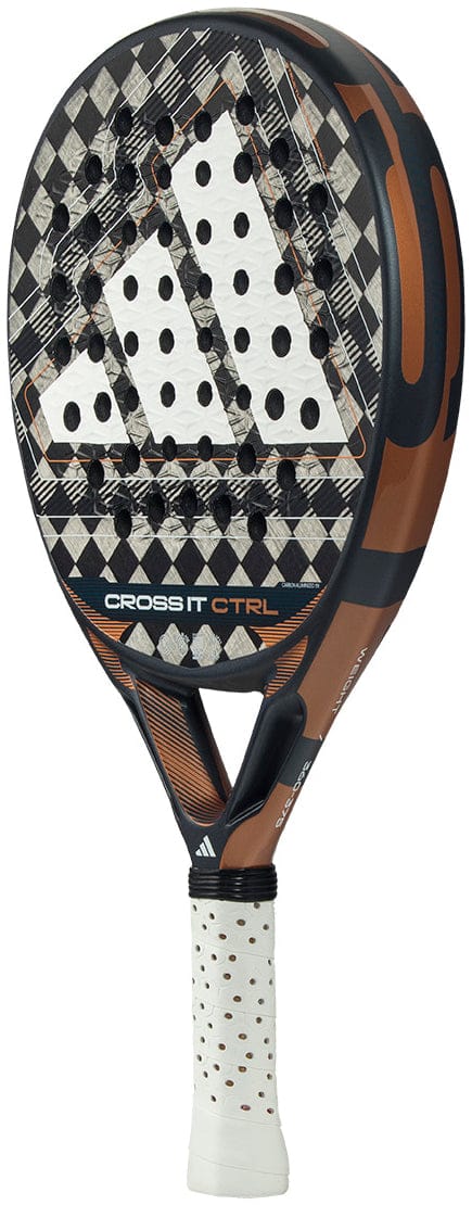 The adidas Cross It Ctrl 2026 Padel Racket - Black features a carbon fibre build, black, white, and brown geometric design, Spin Blade Mould surface, perforated face, and a white grip with black dots.