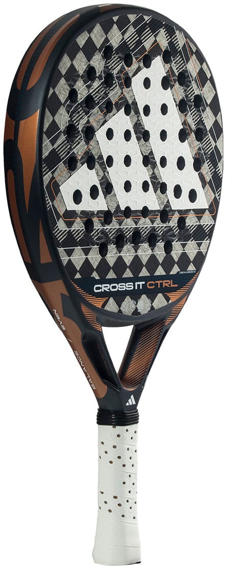 The adidas ADIDAS Cross It Ctrl 2026 Padel Racket - Black features a black and bronze carbon fibre checkered face, white perforated grip, "CROSS IT CTRL" text, and Spin Blade Mould technology for enhanced control.