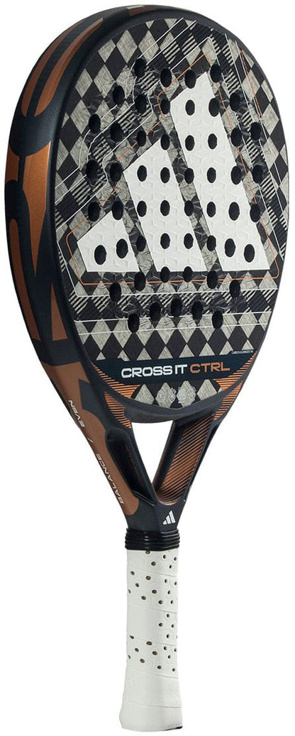 The adidas ADIDAS Cross It Ctrl 2026 Padel Racket - Black features a black and bronze carbon fibre checkered face, white perforated grip, "CROSS IT CTRL" text, and Spin Blade Mould technology for enhanced control.