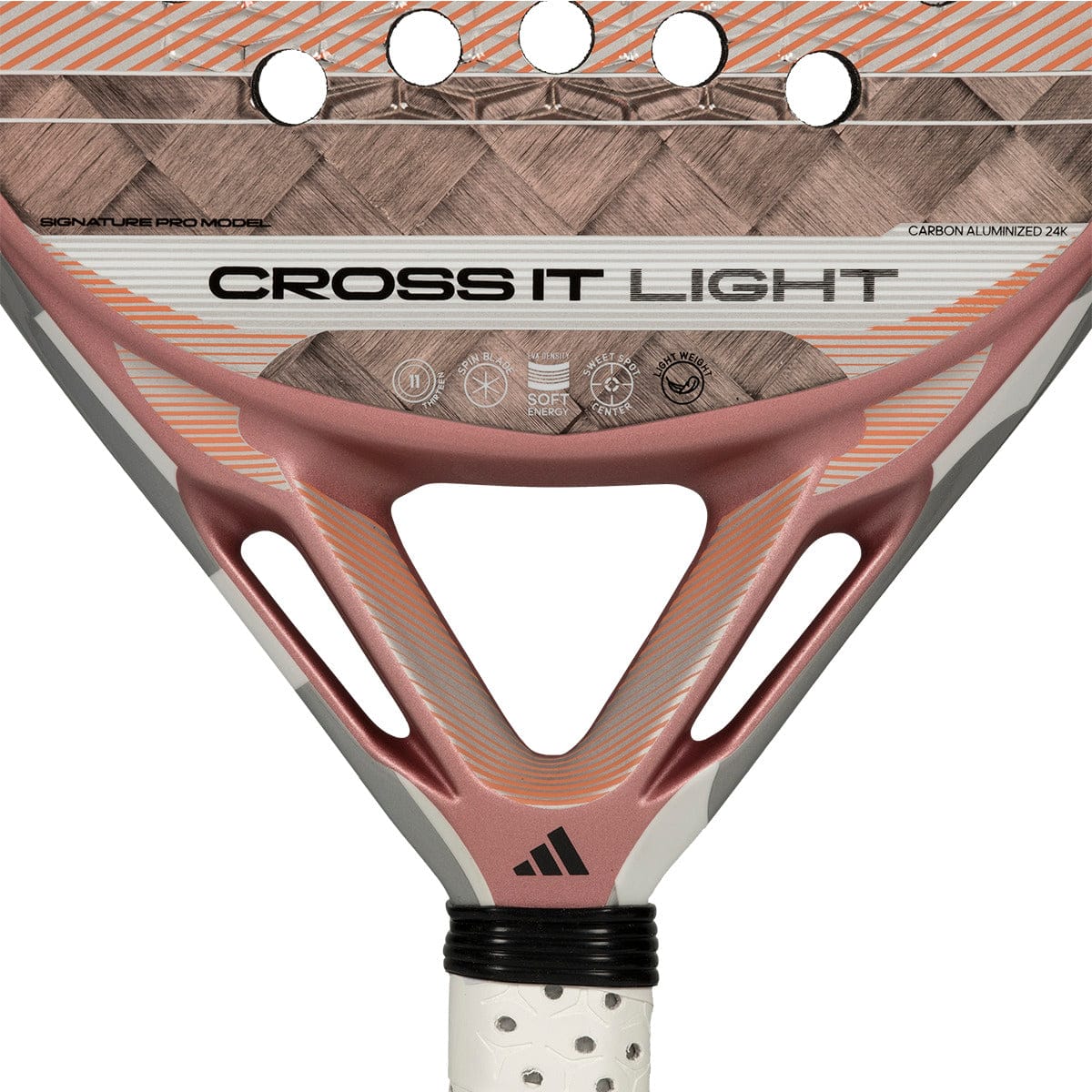 Close-up of the adidas Cross It Light 2026 Padel Racket in white and pink, featuring a carbon fibre frame, patterned surface, brand details near the handle, and Spin Blade Mould technology.