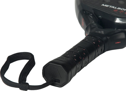 Close-up of the adidas ADIDAS Metalbone Carbon 2026 Padel Racket’s black handle with textured grip and wrist strap. The upper section features a “METALBONE” label, showcasing this advanced racket for experienced players.