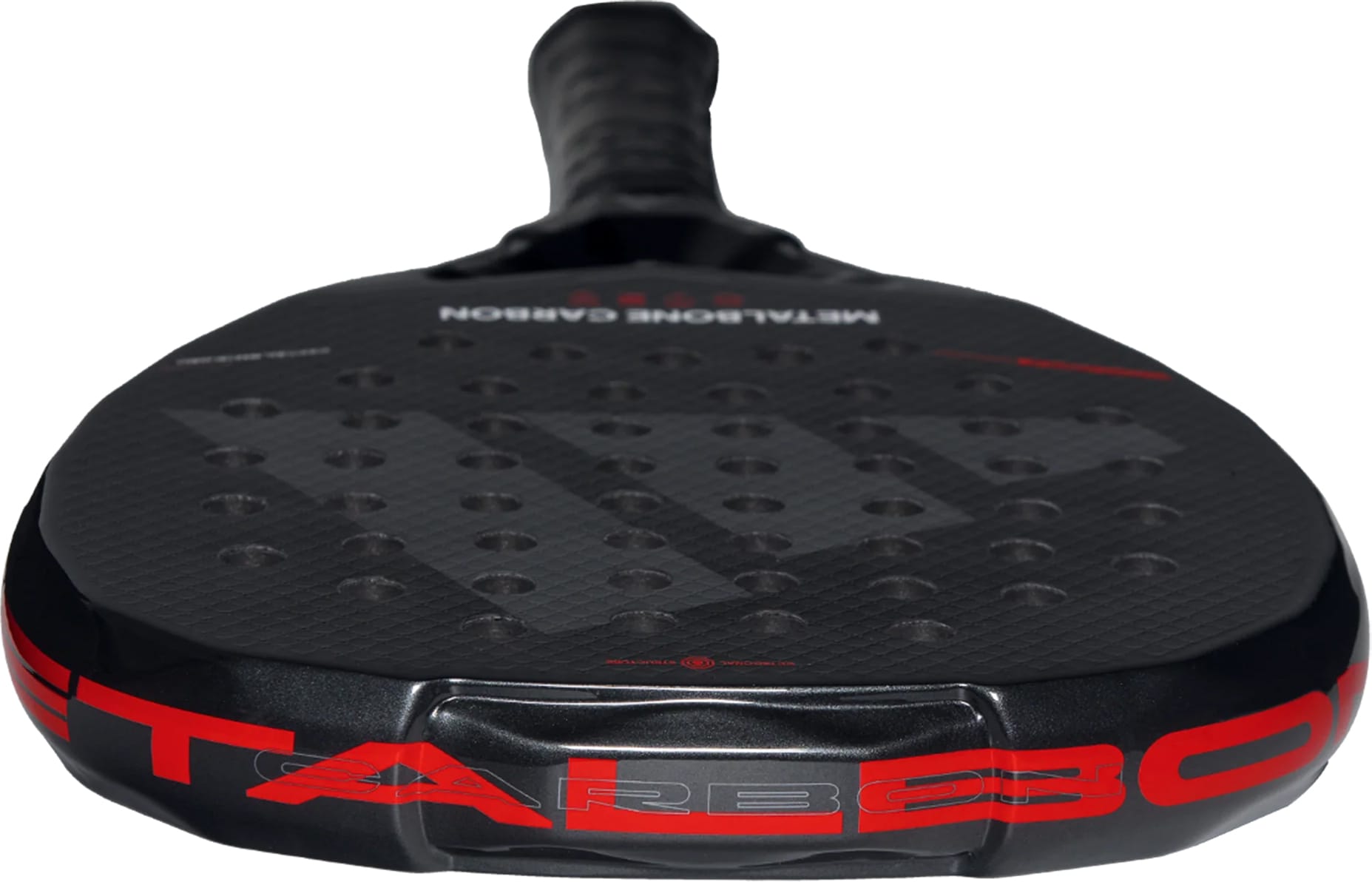 Close-up of the adidas Metalbone Carbon 2026 Padel Racket shows its textured face with circular holes and striking red "METALBONE CARBON" branding. Designed for advanced players, this racket offers performance and bold style.