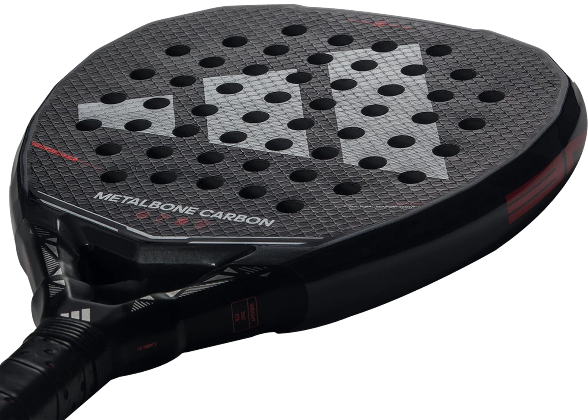 Close-up of the adidas Metalbone Carbon 2026 padel racket for advanced players, featuring a textured round surface and multiple holes. "METALBONE CARBON" appears on the face of this high-performance adidas racket.